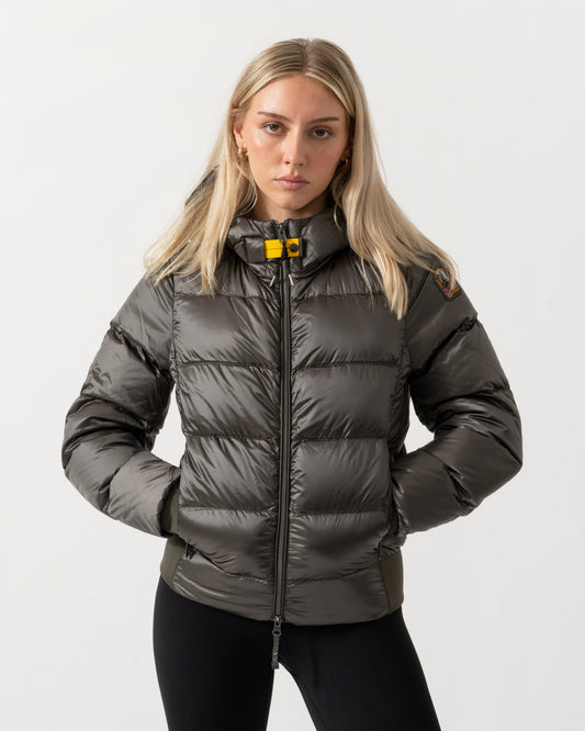 Front of the Parajumpers Mariah Womens Hooded Down Bomber Jacket - Taggia Olive 218