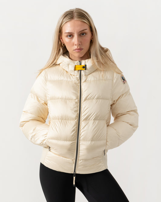 Zipped up jacket of the Parajumpers Mariah Womens Hooded Down Bomber Jacket - Warm Ivory 132