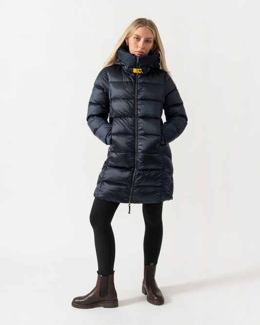 Model wearing the Parajumpers Marion Womens Down Jacket with Hood - Blue Navy 316