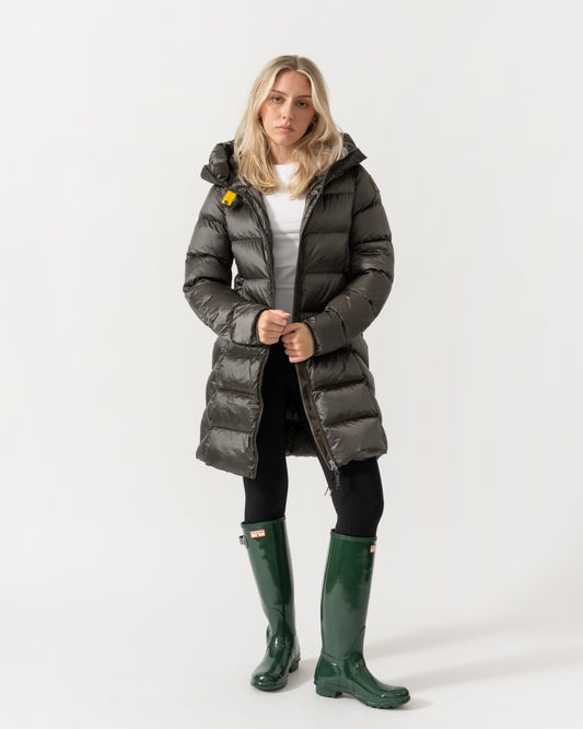 Model wearing the Parajumpers Marion Womens Down Jacket with Hood - Taggia Olive 218