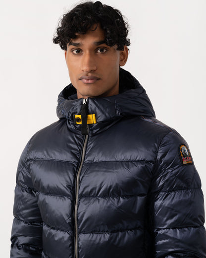 Close up of the Parajumpers Pharrell Mens Hooded Down Bomber Jacket - Blue Navy 316