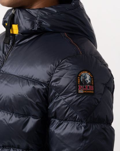 Logo patch on the Parajumpers Pharrell Mens Hooded Down Bomber Jacket - Blue Navy 316
