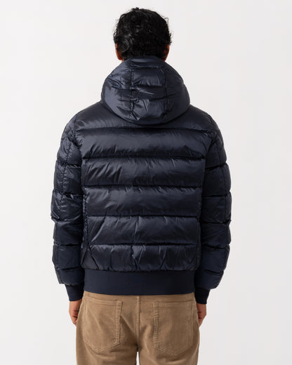 Back of the Parajumpers Pharrell Mens Hooded Down Bomber Jacket - Blue Navy 316