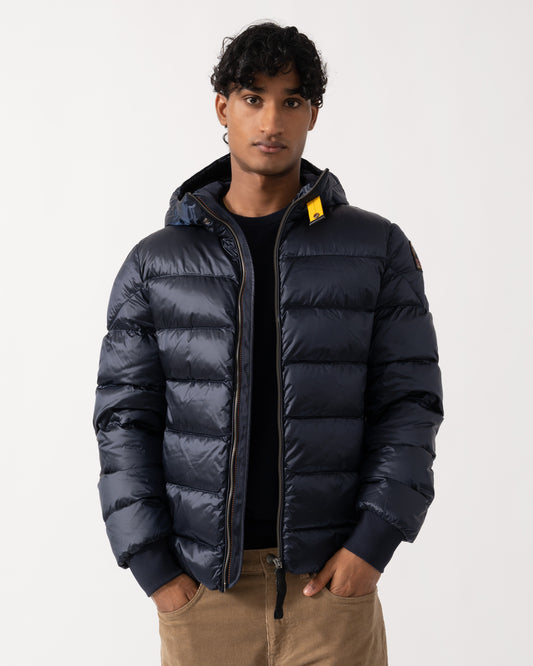 Front of the Parajumpers Pharrell Mens Hooded Down Bomber Jacket - Blue Navy 316