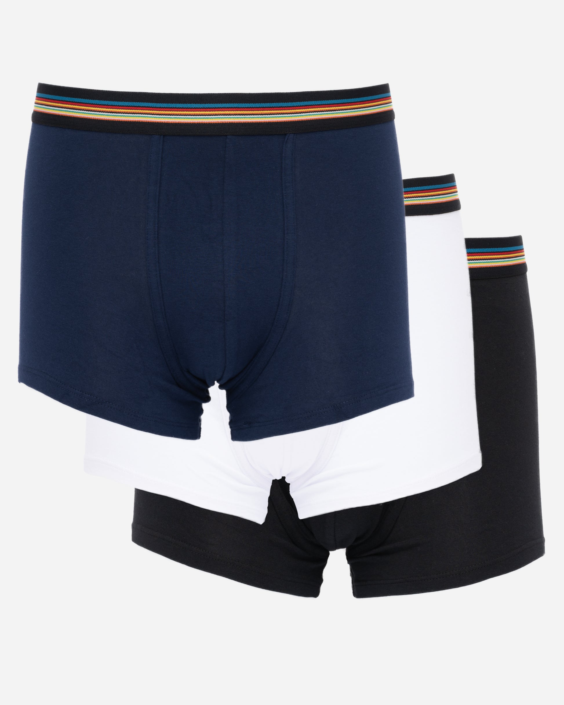 studio shot of Paul Smith 3-Pack Mens Mixed Trunks, in navy, white and black, with multi-coloured striped waistbands