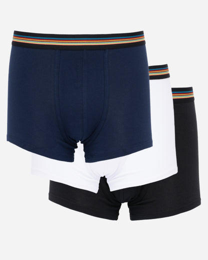 studio shot of Paul Smith 3-Pack Mens Mixed Trunks, in navy, white and black, with multi-coloured striped waistbands