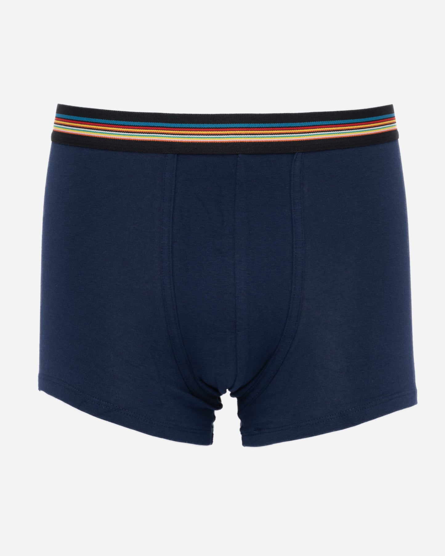 studio shot of Paul Smith 3-Pack Mens Mixed Trunks, in navy, with multi-coloured striped waistbands