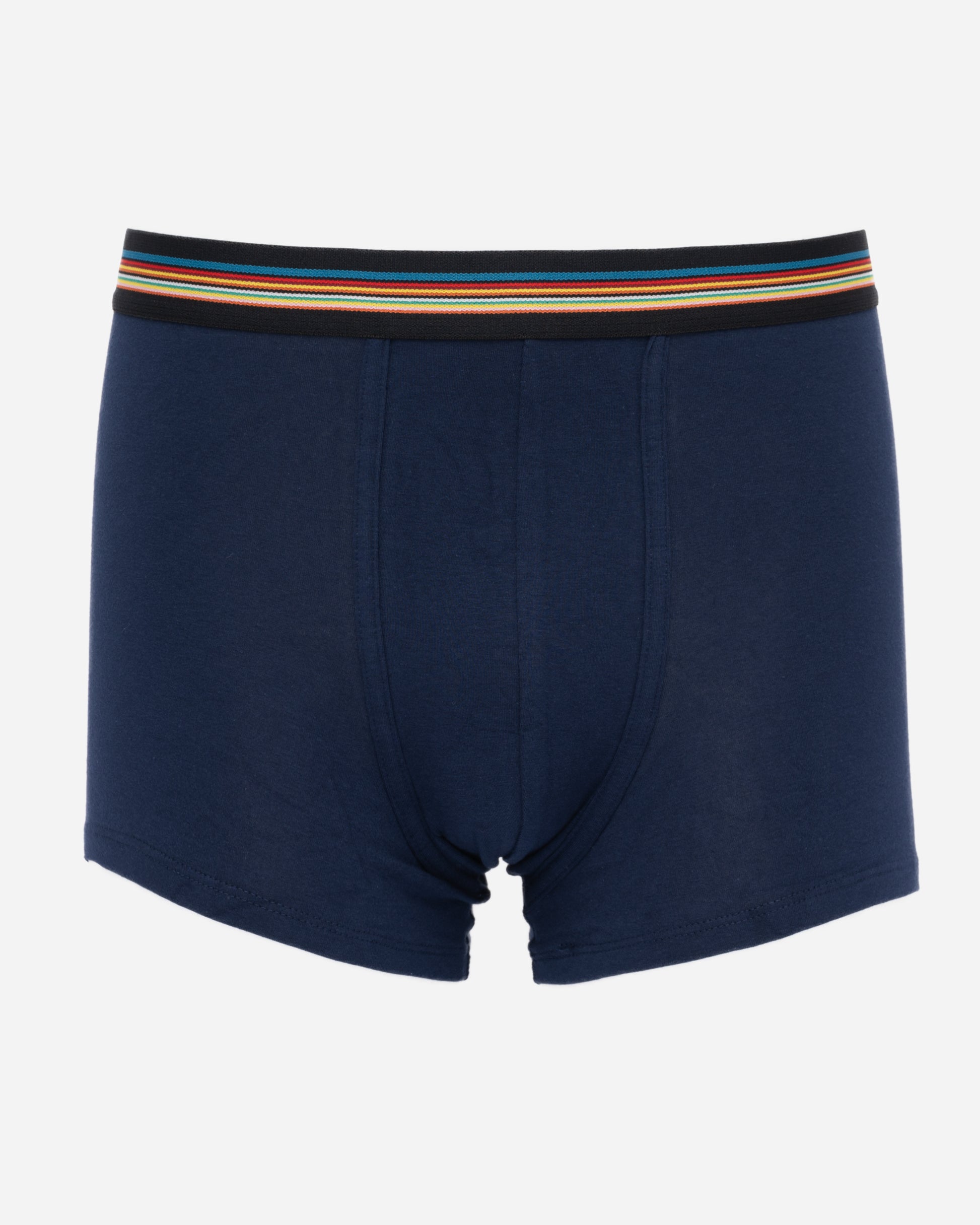 studio shot of Paul Smith 3-Pack Mens Mixed Trunks, in navy, with multi-coloured striped waistbands