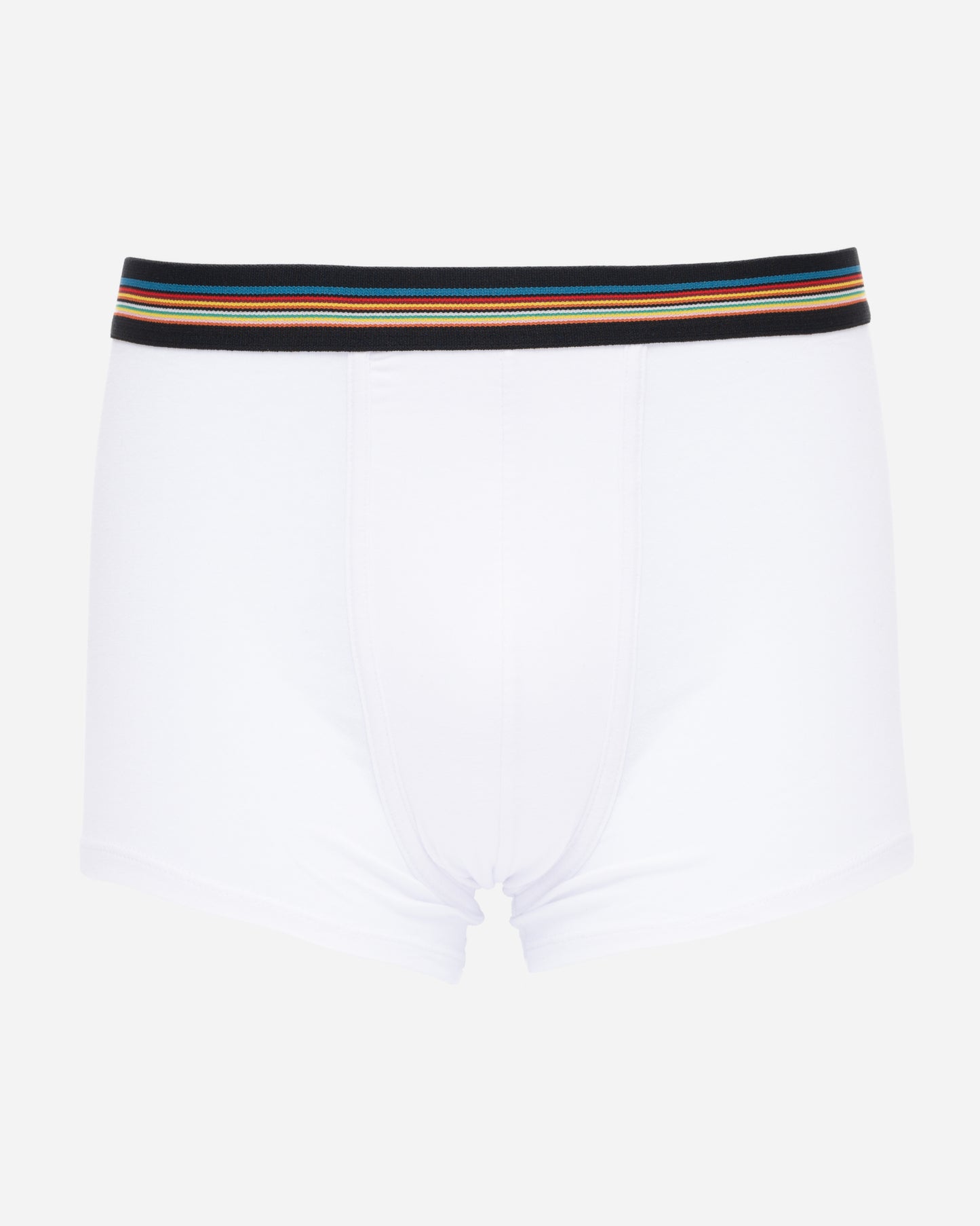 studio shot of Paul Smith 3-Pack Mens Mixed Trunks, in white with multi-coloured striped waistbands