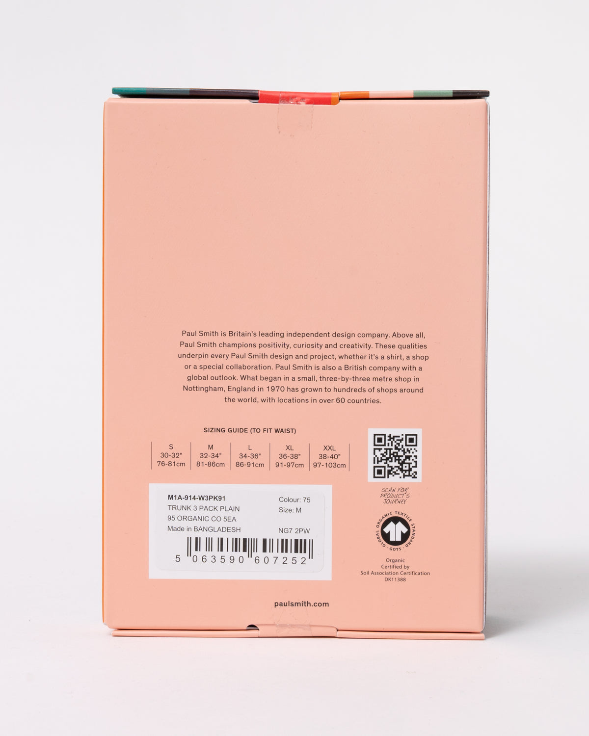 studio photograph showing packaging reverse of Paul Smith 3-Pack Mens Trunks with Signature Logo Waistband in 75 Anthracite