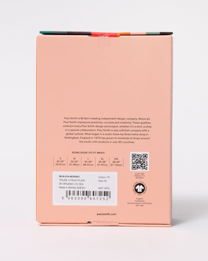 studio photograph showing packaging reverse of Paul Smith 3-Pack Mens Trunks with Signature Logo Waistband in 75 Anthracite