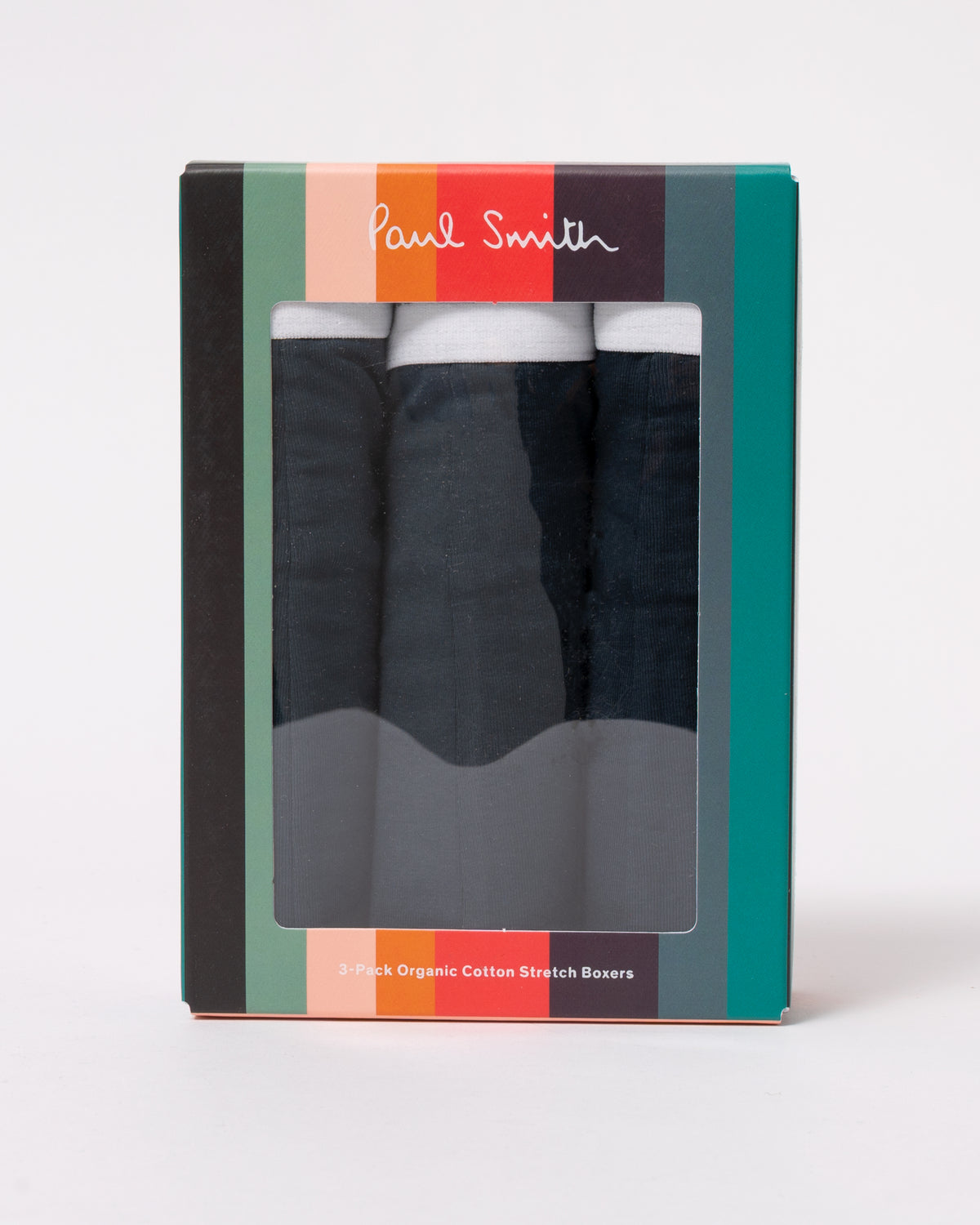 studio photograph showing packaging front of Paul Smith 3-Pack Mens Trunks with Signature Logo Waistband in 75 Anthracite