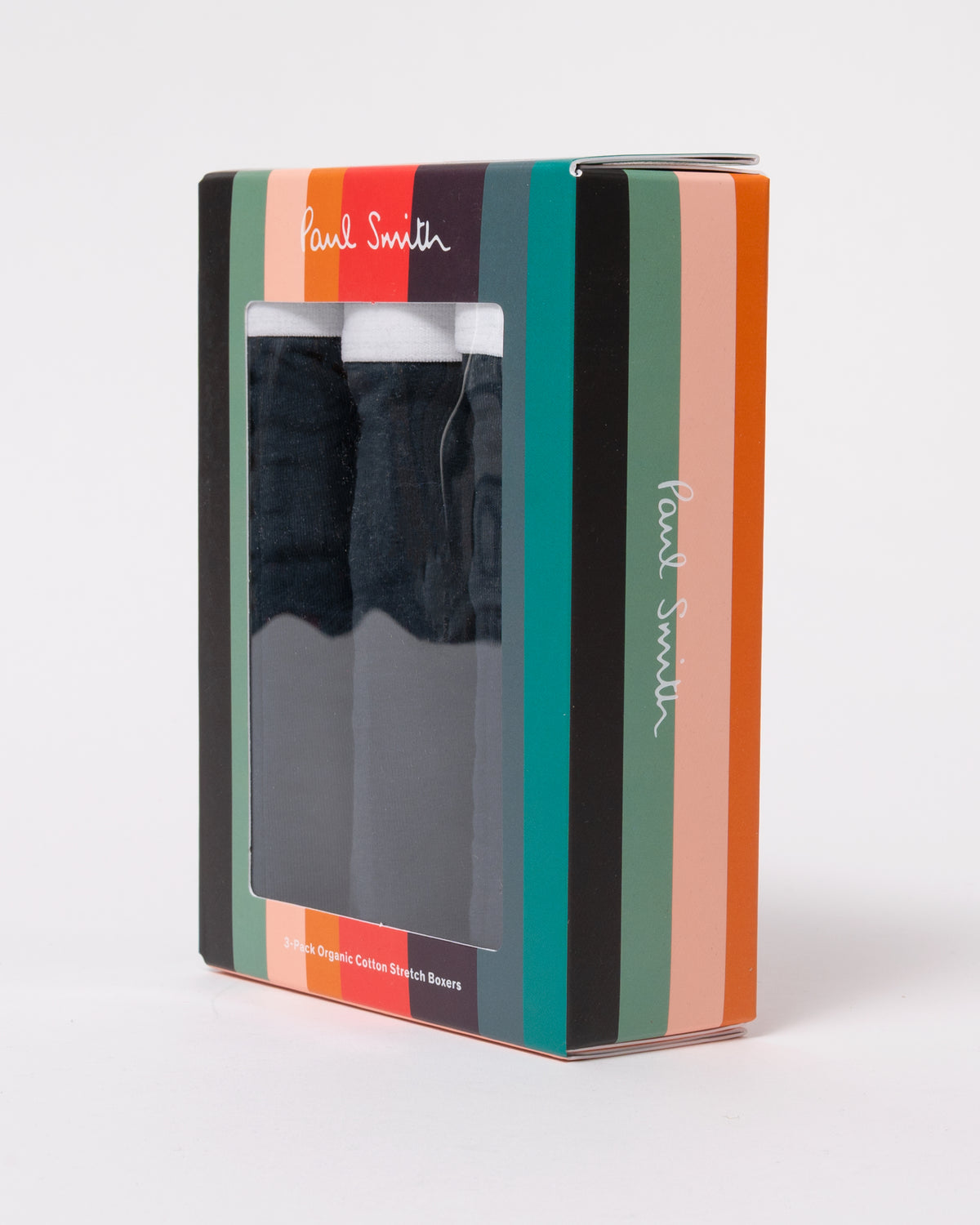 studio photograph showing packaging of Paul Smith 3-Pack Mens Trunks with Signature Logo Waistband in 75 Anthracite