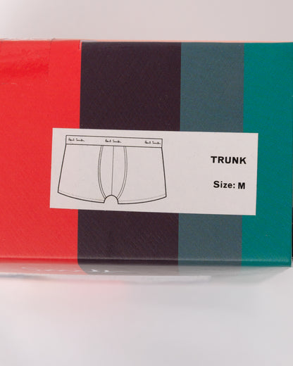 studio photograph showing packaging detail of Paul Smith 3-Pack Mens Trunks with Signature Logo Waistband in 75 Anthracite