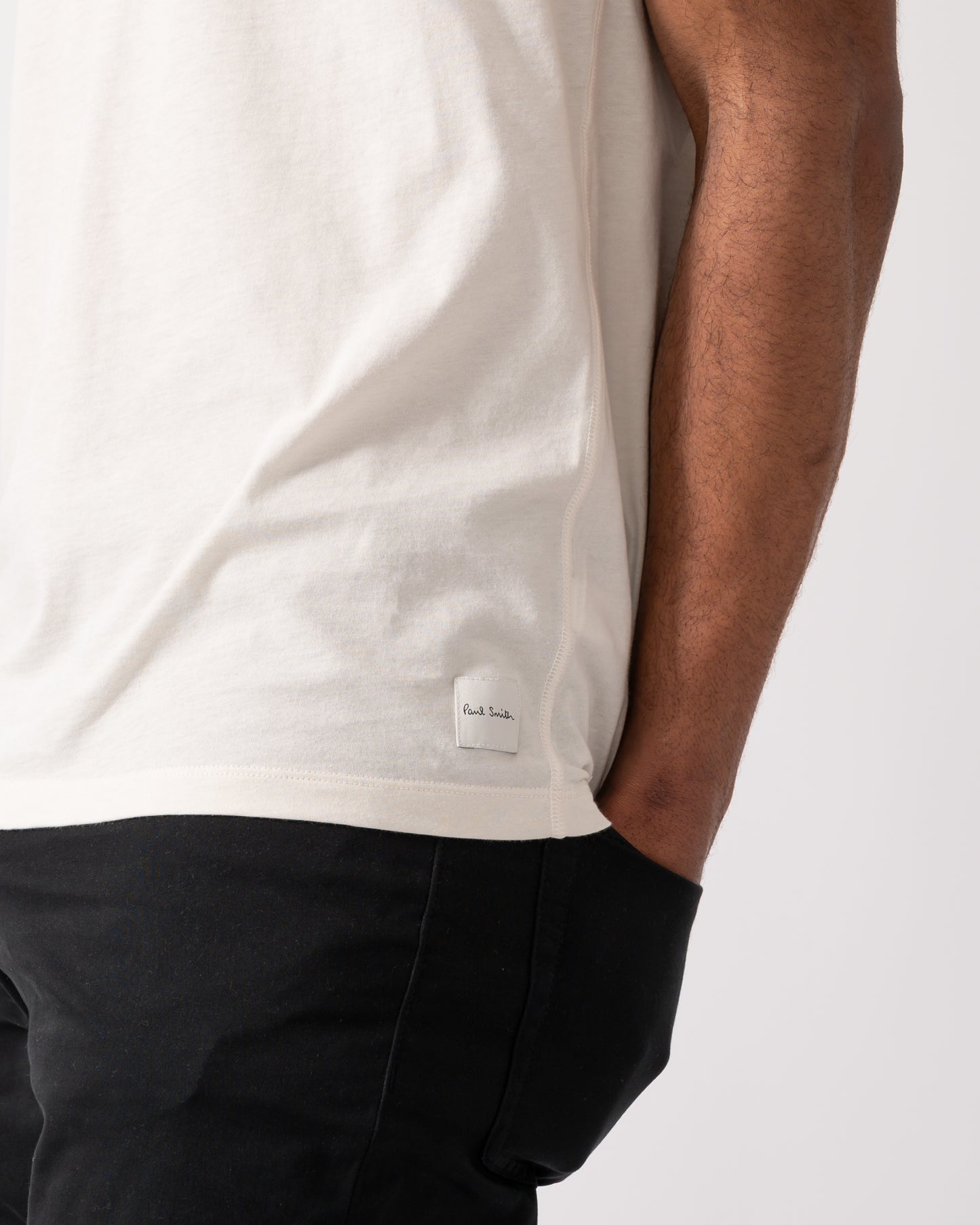 detail shot of model wearing a Paul Smith Mens Crew Neck Lounge T-Shirt in Off White