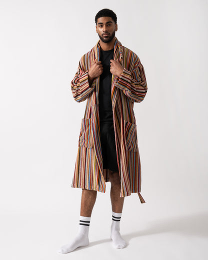 Model wearing a Paul Smith Mens Signature Stripe Dressing Gown in Multicolour