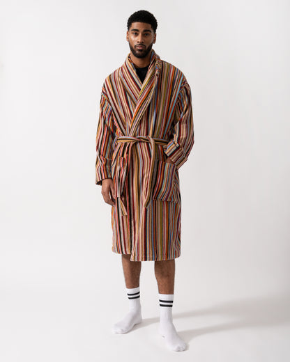 Full length shot of a Model wearing a Paul Smith Mens Signature Stripe Dressing Gown in Multicolour
