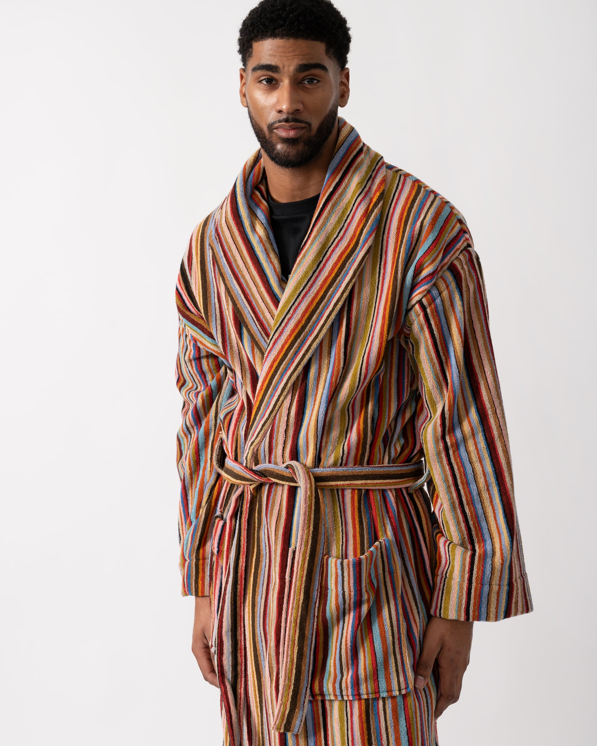 Close up shot of a Model wearing a Paul Smith Mens Signature Stripe Dressing Gown in Multicolour