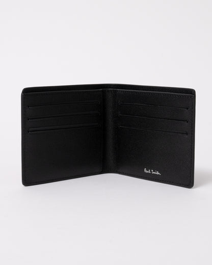 studio photograph showing an open Paul Smith Mens Zebra Badge Billfold Wallet in 79 Black