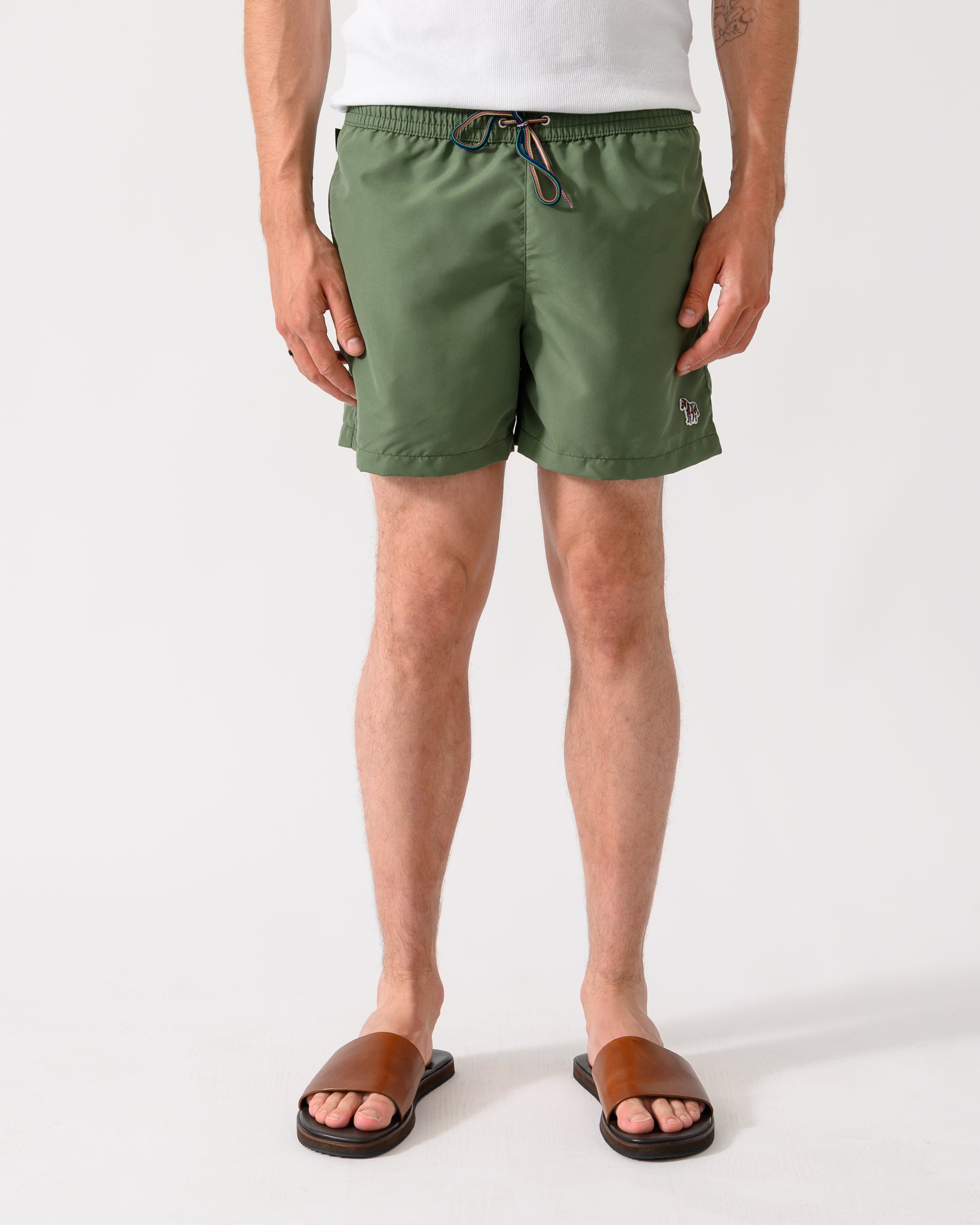front shot of a model wearing a pair of Paul Smith Mens Zebra Logo Swim Shorts in 35A Green
