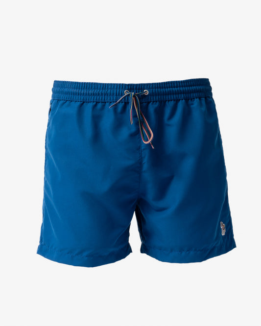 front of Paul Smith Mens Zebra Logo Swim Shorts in 45A Blue