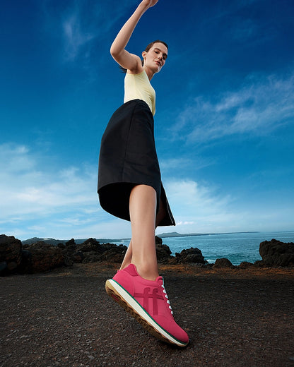 FitFlop Womens Retro - Q FF Fabric/Suede Trainers - Berry Rose/Marine Green E47 | CHO | Designer Womens Trainers