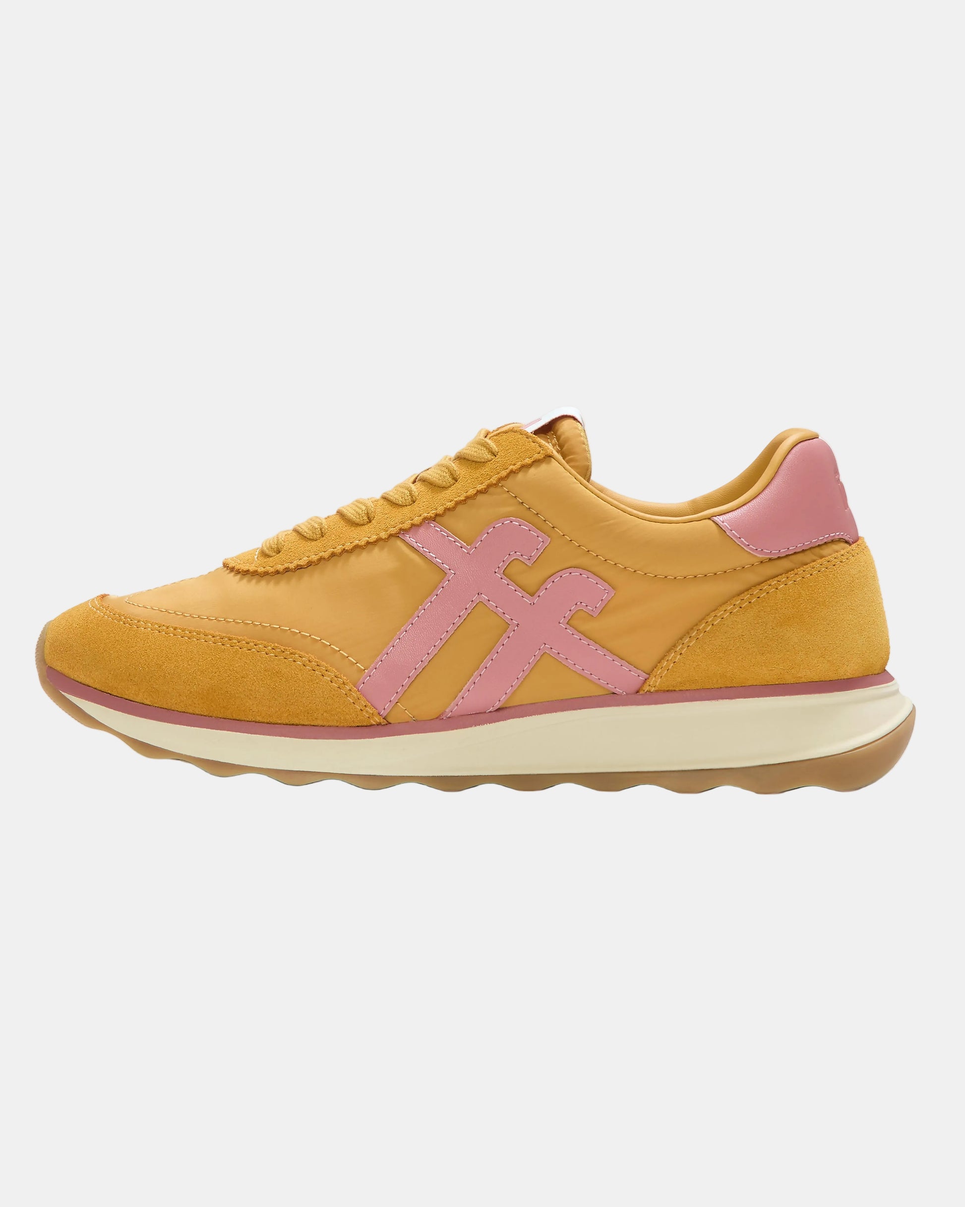 FitFlop Womens Retro-Q FF Fabric/Suede Trainers - Turmeric/Desert Blush E10 | CHO | Designer Womens Trainers