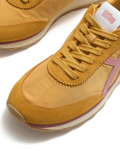 FitFlop Womens Retro-Q FF Fabric/Suede Trainers - Turmeric/Desert Blush E10 | CHO | Designer Womens Trainers