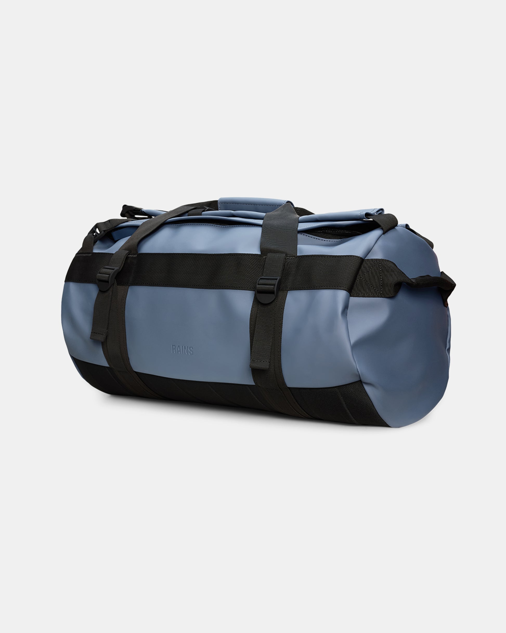 side shot of Rains Texel Duffel Bag Small in 172 Blue Dusk