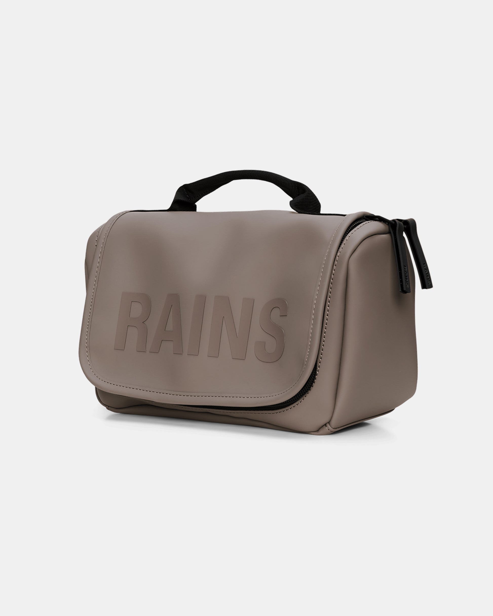 side of a Rains Texel Wash Bag in 173 Cinder