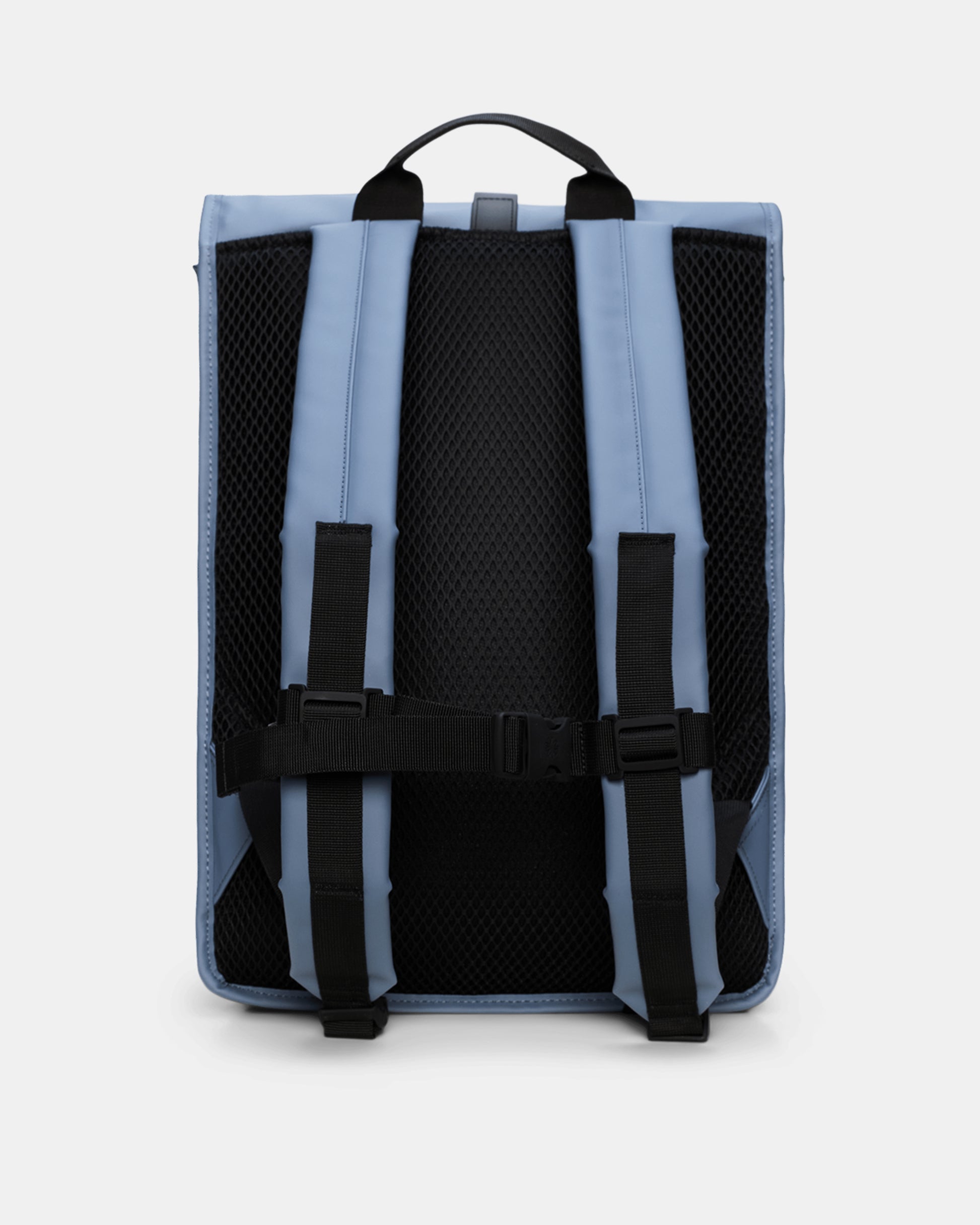 back of a Rains Unisex Rolltop Rucksack in 172 Blue Dusk