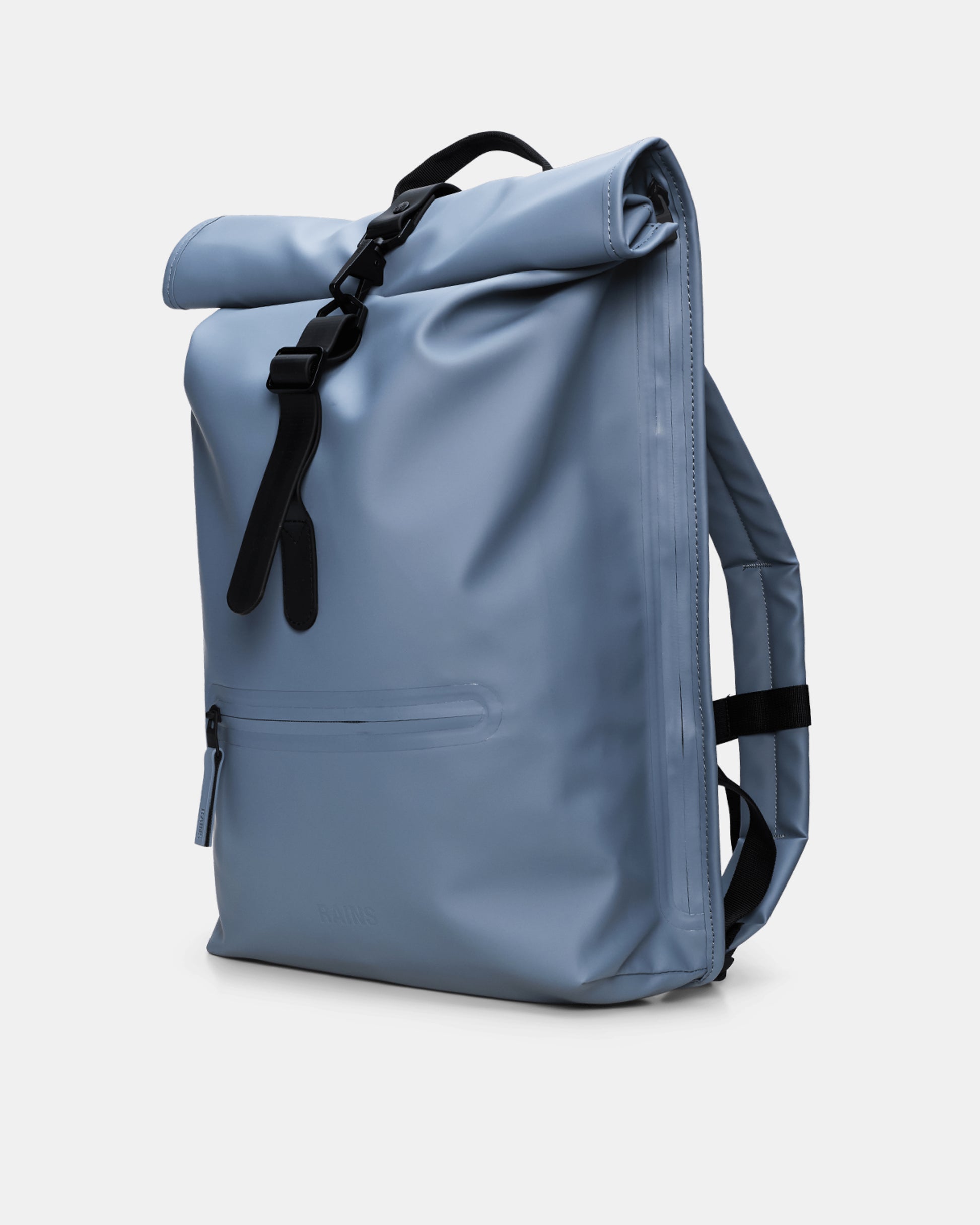 side of a Rains Unisex Rolltop Rucksack in 172 Blue Dusk
