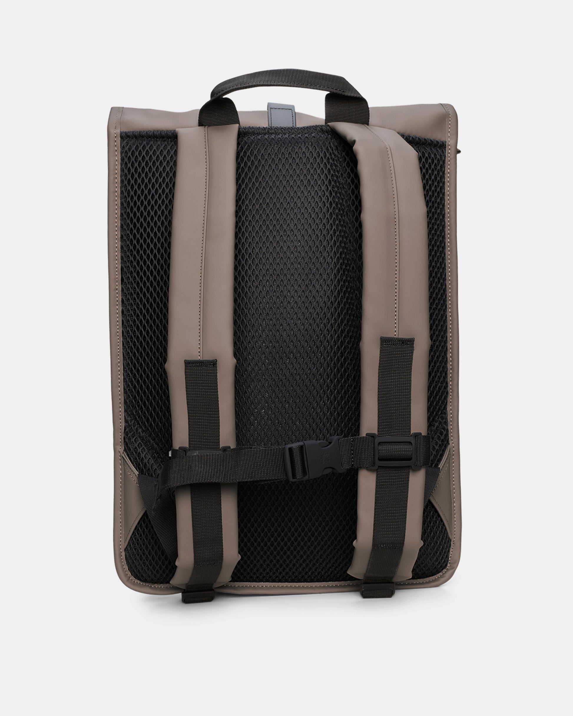 back of a Rains Unisex Rolltop Rucksack in 173 Cinder