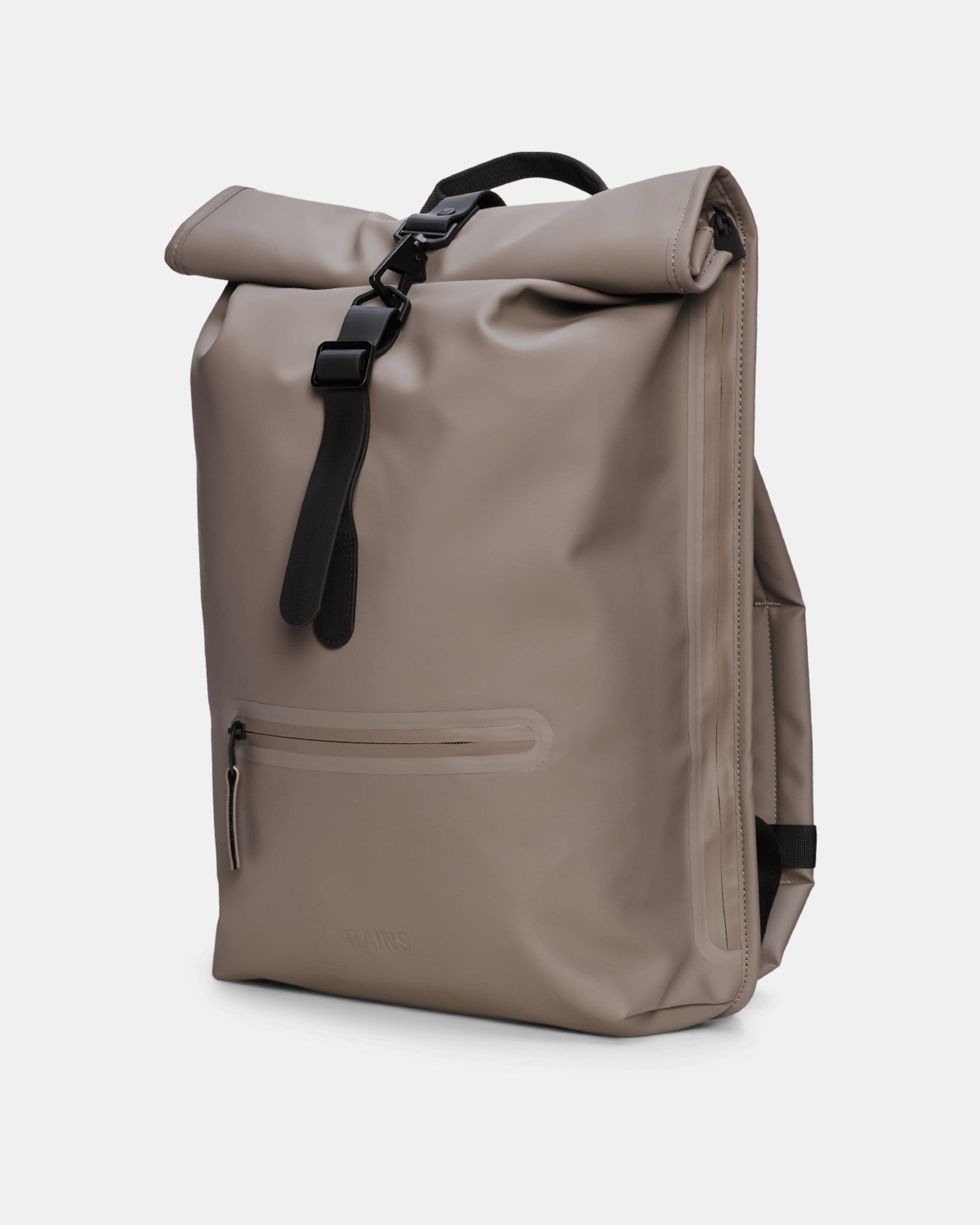 side of a Rains Unisex Rolltop Rucksack in 173 Cinder