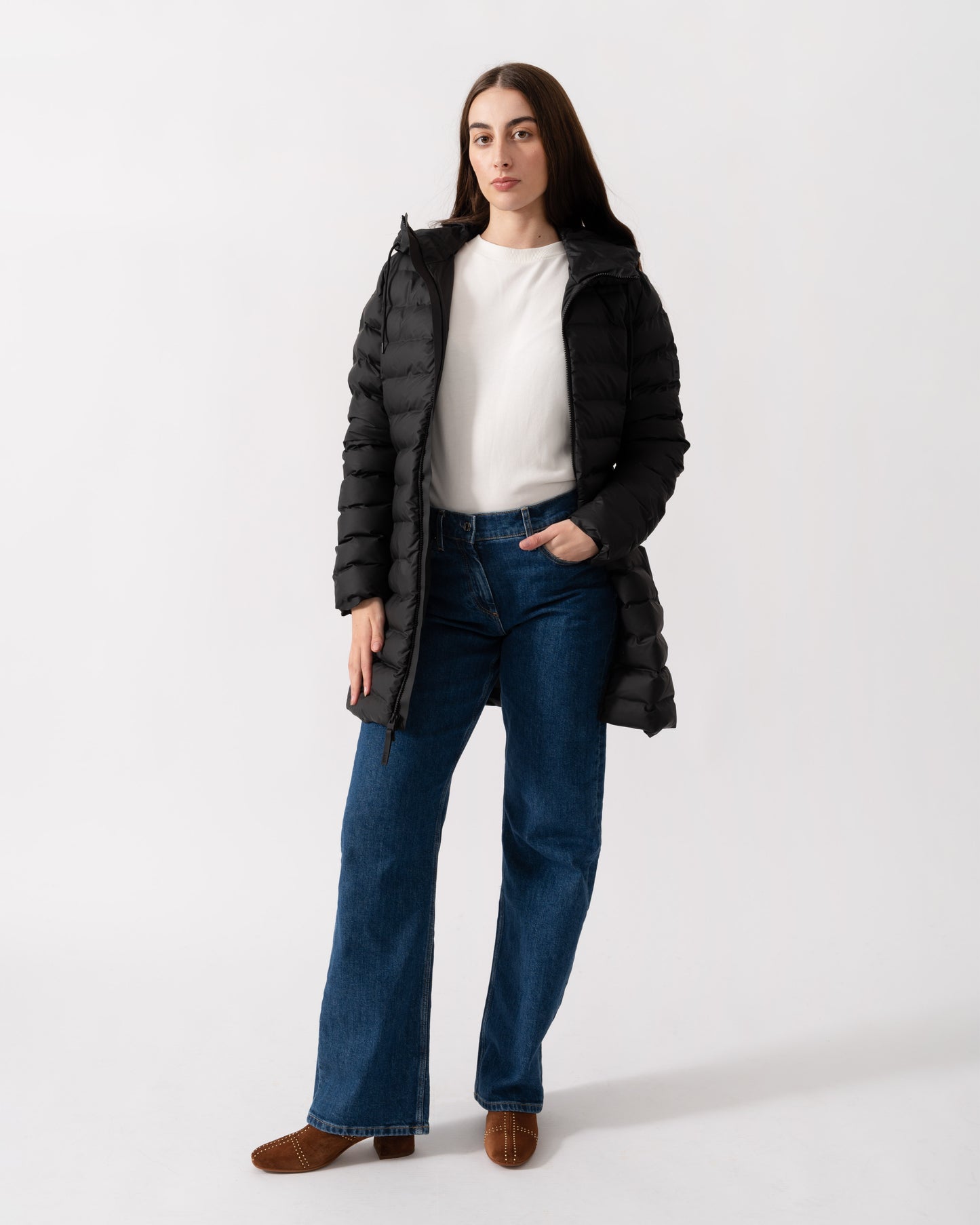 Rains Lohja Womens Long Puffer Curve Jacket  - 01 Black - CHO - Designer Womens Rain Coats