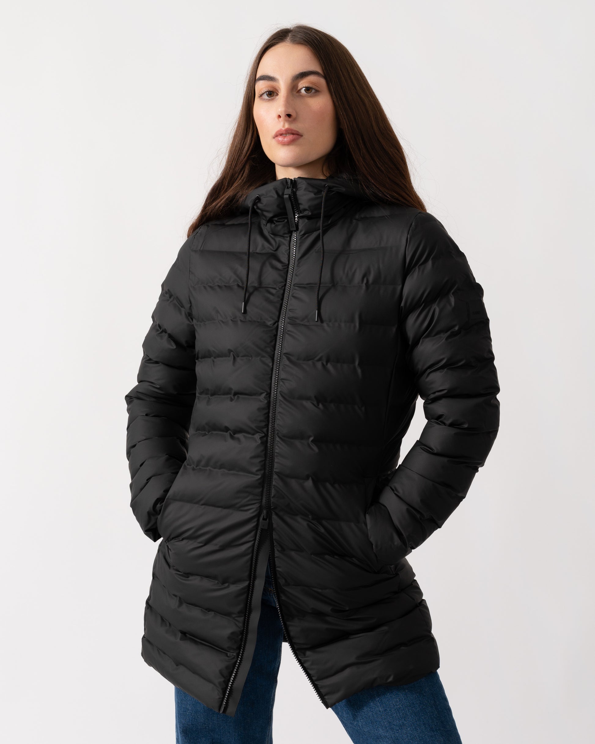 Rains Lohja Womens Long Puffer Curve Jacket  - 01 Black - CHO - Designer Womens Rain Coats