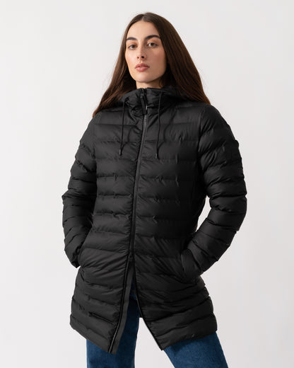 Rains Lohja Womens Long Puffer Curve Jacket  - 01 Black - CHO - Designer Womens Rain Coats