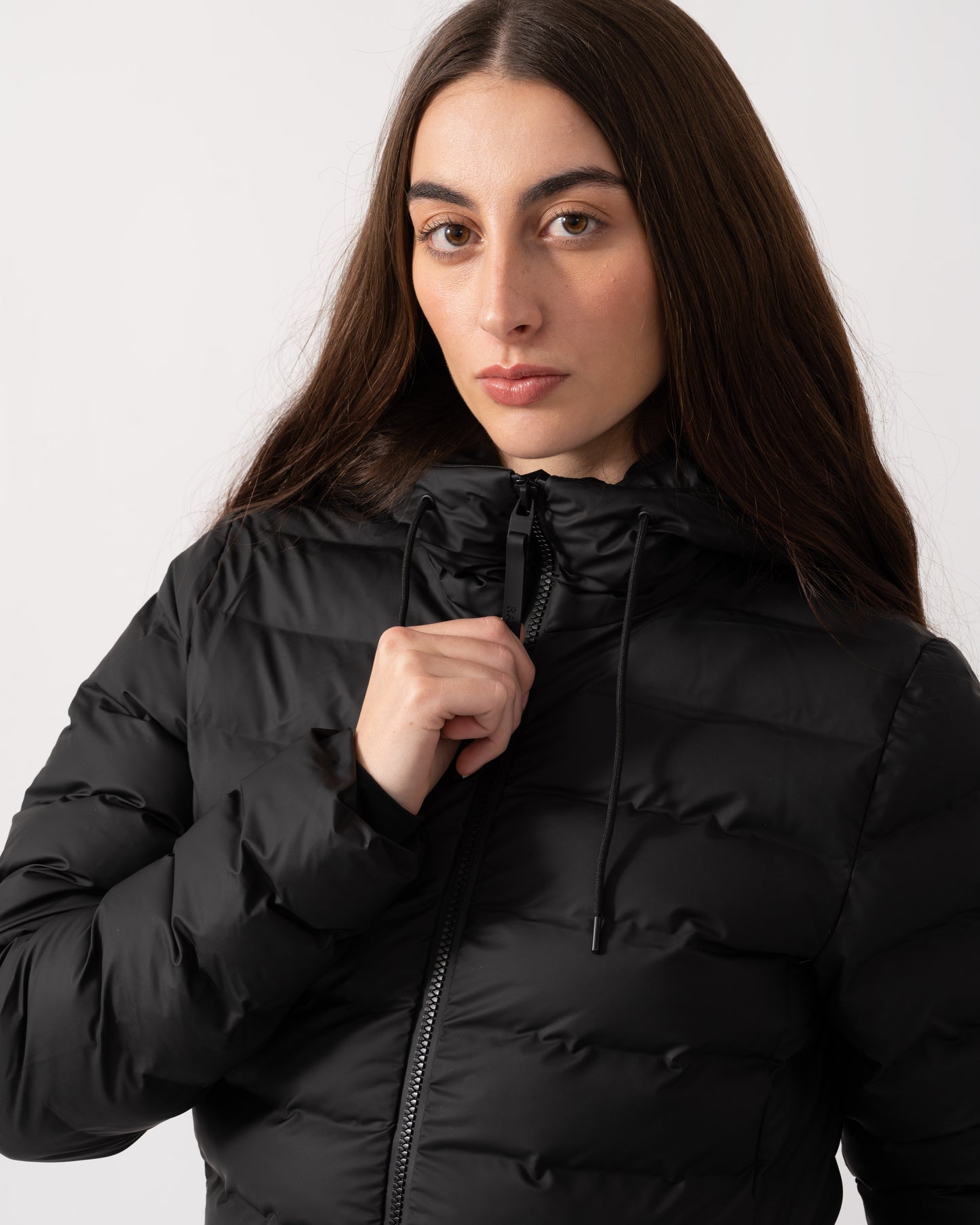 Rains Lohja Womens Long Puffer Curve Jacket  - 01 Black - CHO - Designer Womens Rain Coats