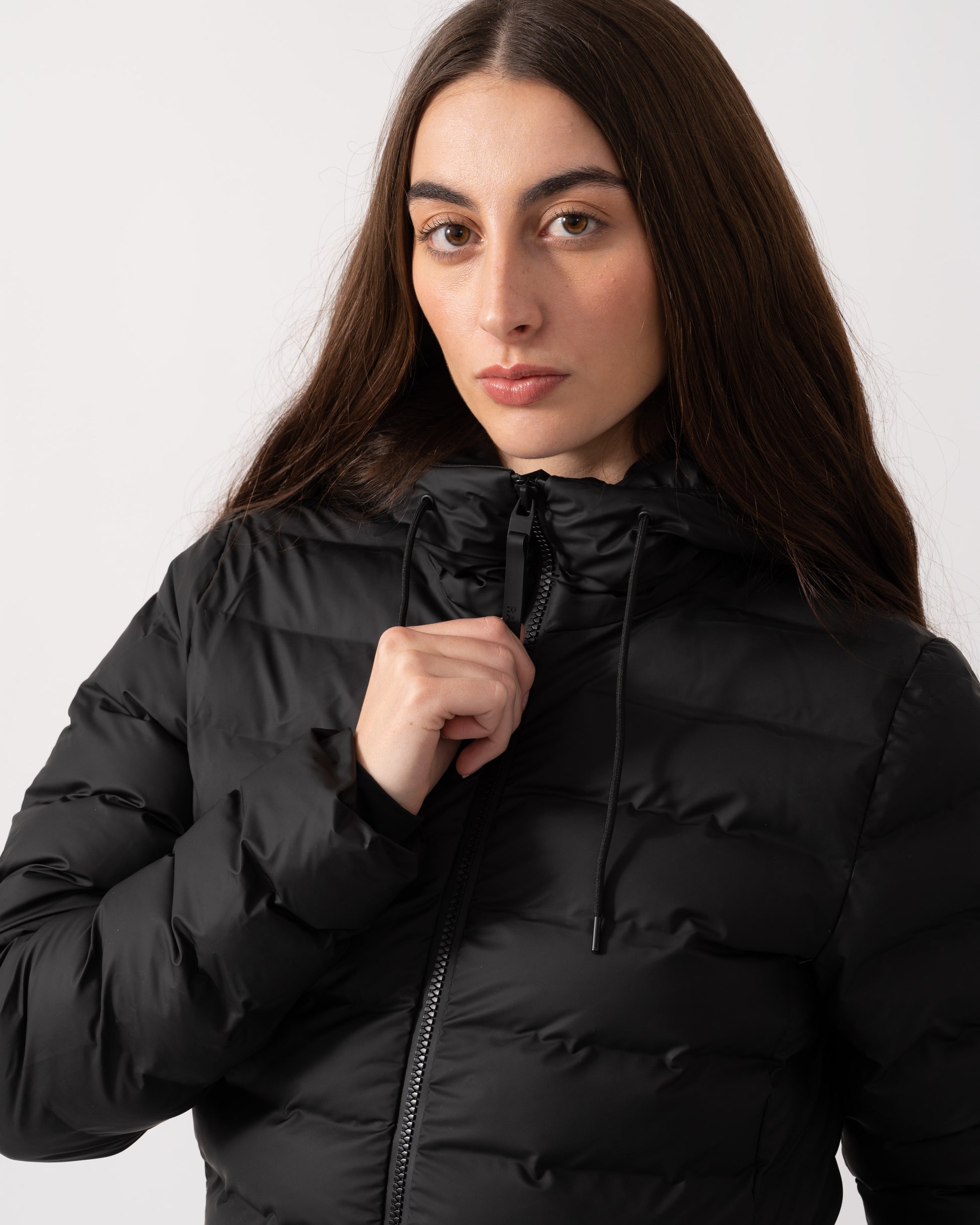 Rains Lohja Womens Long Puffer Curve Jacket  - 01 Black - CHO - Designer Womens Rain Coats