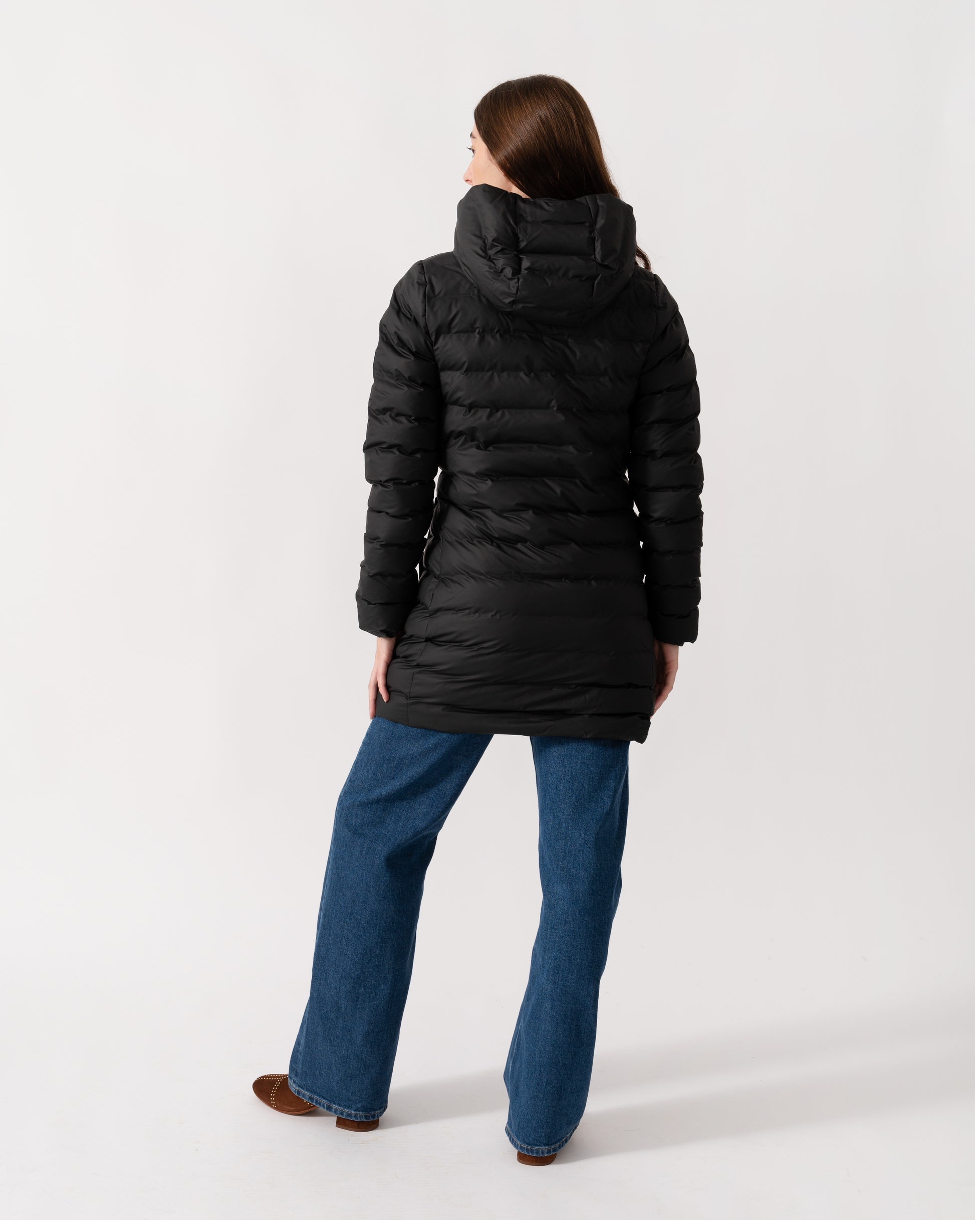 Rains Lohja Womens Long Puffer Curve Jacket  - 01 Black - CHO - Designer Womens Rain Coats