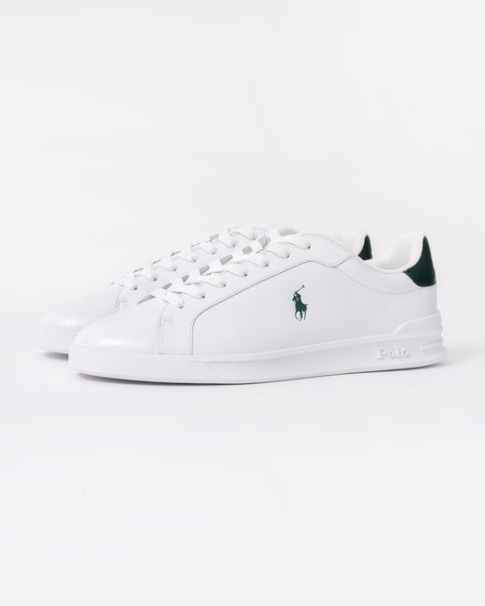 Front of the Ralph Lauren Heritage Court II Mens Nappa Leather Sneaker - White/College Green Polo Pony