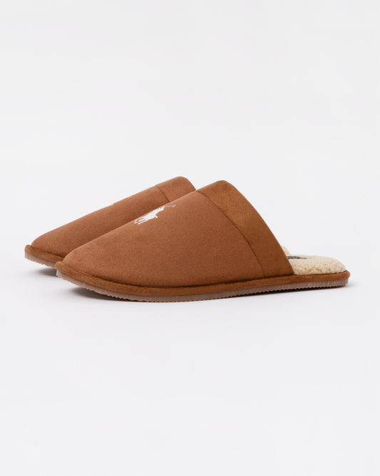 Front of the Ralph Lauren Klarence Mens Microsuede Scuff Slipper - Snuff/Blackwatch/Cream Polo Pony