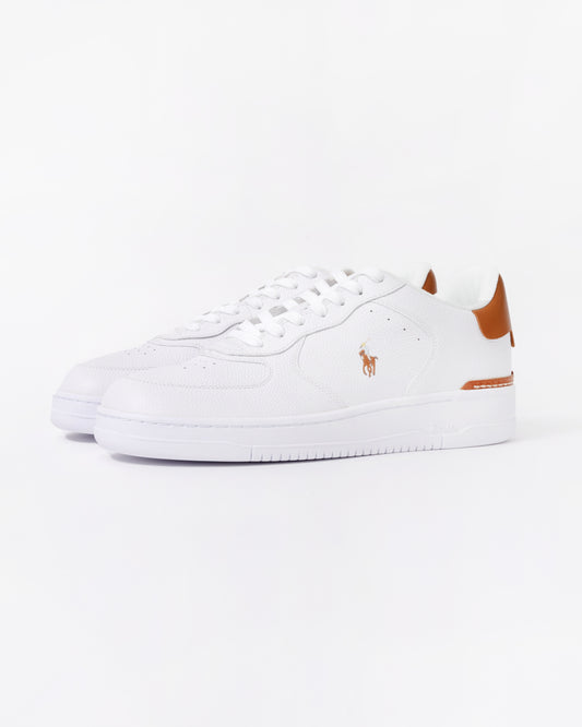 Main of the Ralph Lauren Masters Court Mens Leather Sneaker - White/Tan Multi Polo Pony