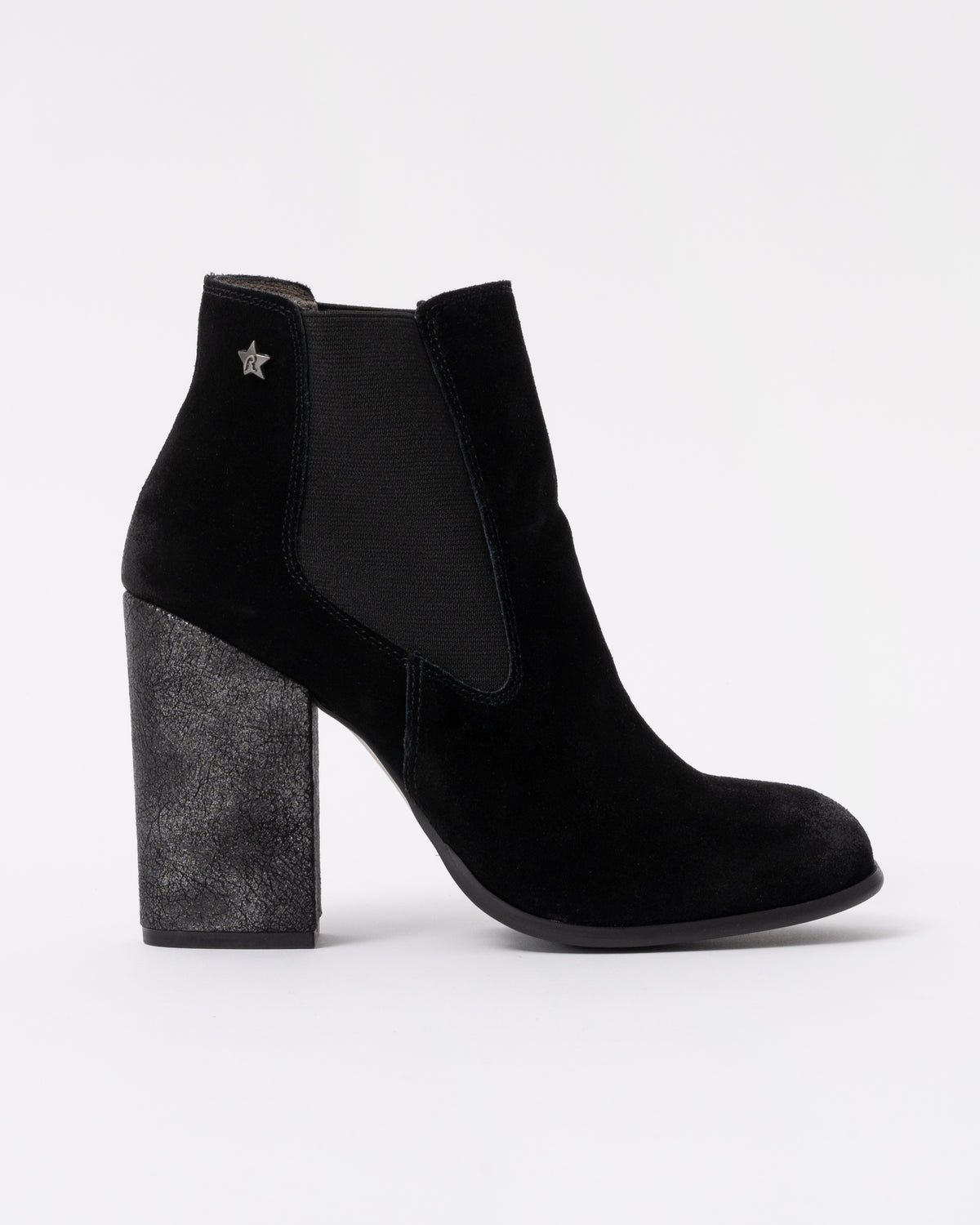 Black ankle boot with a block heel on a white background