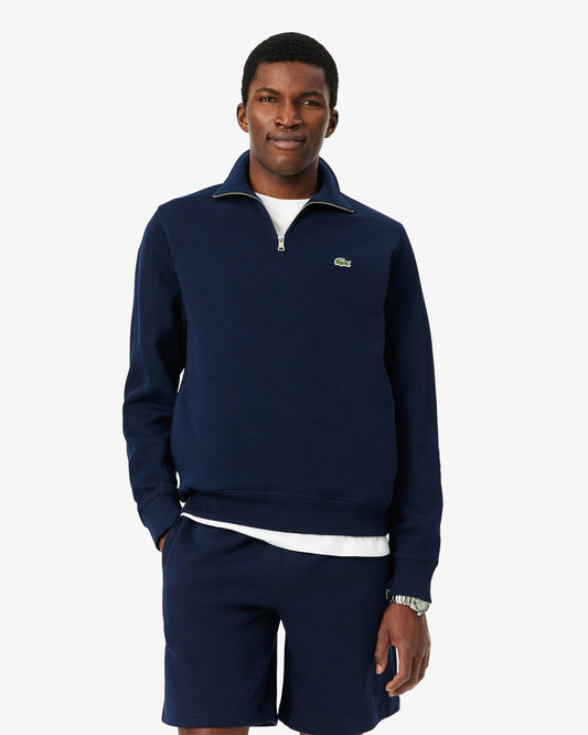 Lacoste Mens Zippered Stand-Up Collar Cotton Sweatshirt - Navy Blue 166