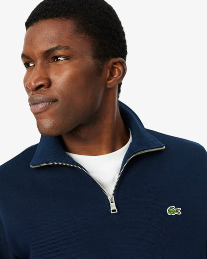 Lacoste Mens Zippered Stand - Up Collar Cotton Sweatshirt - Navy Blue 166 | CHO | Designer Mens Sweatshirts