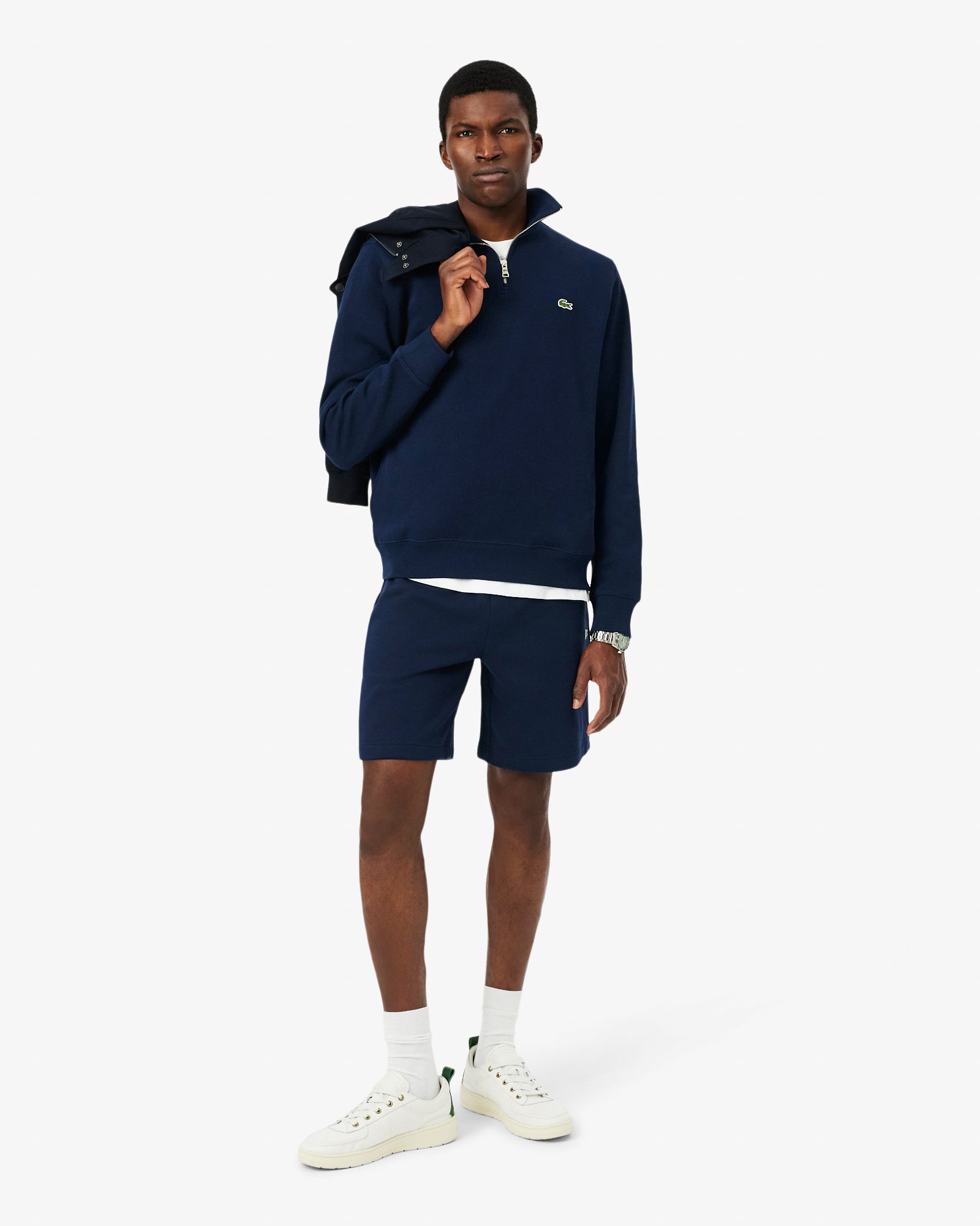 Lacoste Mens Zippered Stand - Up Collar Cotton Sweatshirt - Navy Blue 166 | CHO | Designer Mens Sweatshirts