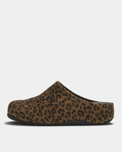 FitFlop Shuv Womens Suede Leopard Mules - Tan/Black E76