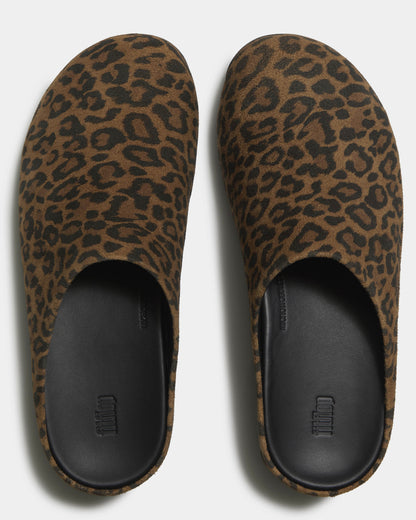 FitFlop Shuv Womens Suede Leopard Mules - Tan/Black E76