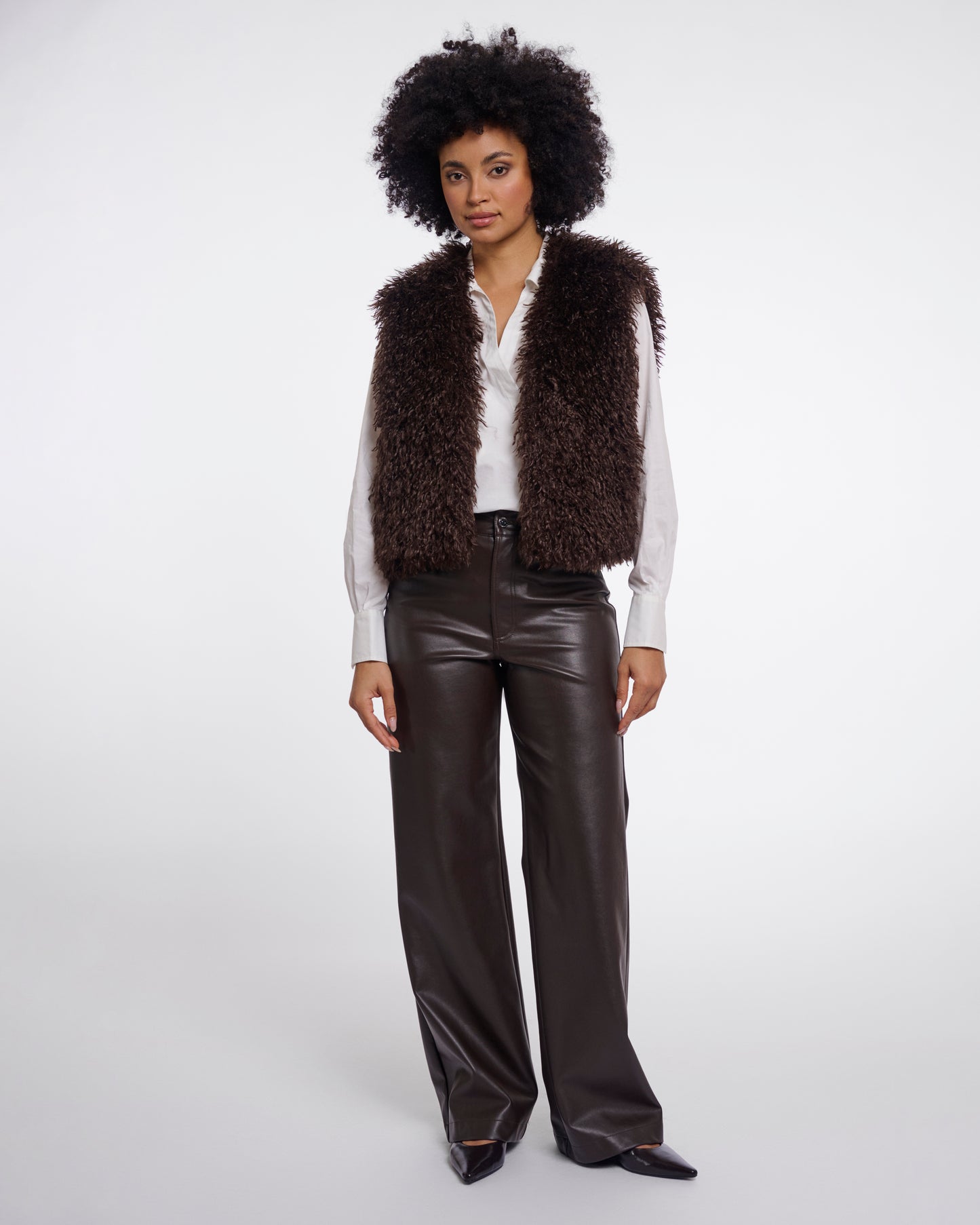 Rino & Pelle Sensy Womens Faux Fur Waistcoat in Coffee Roast, full length